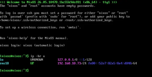 Console da VM NixOS mostrando o novo IP atribuído pelo DHCP do roteador local
